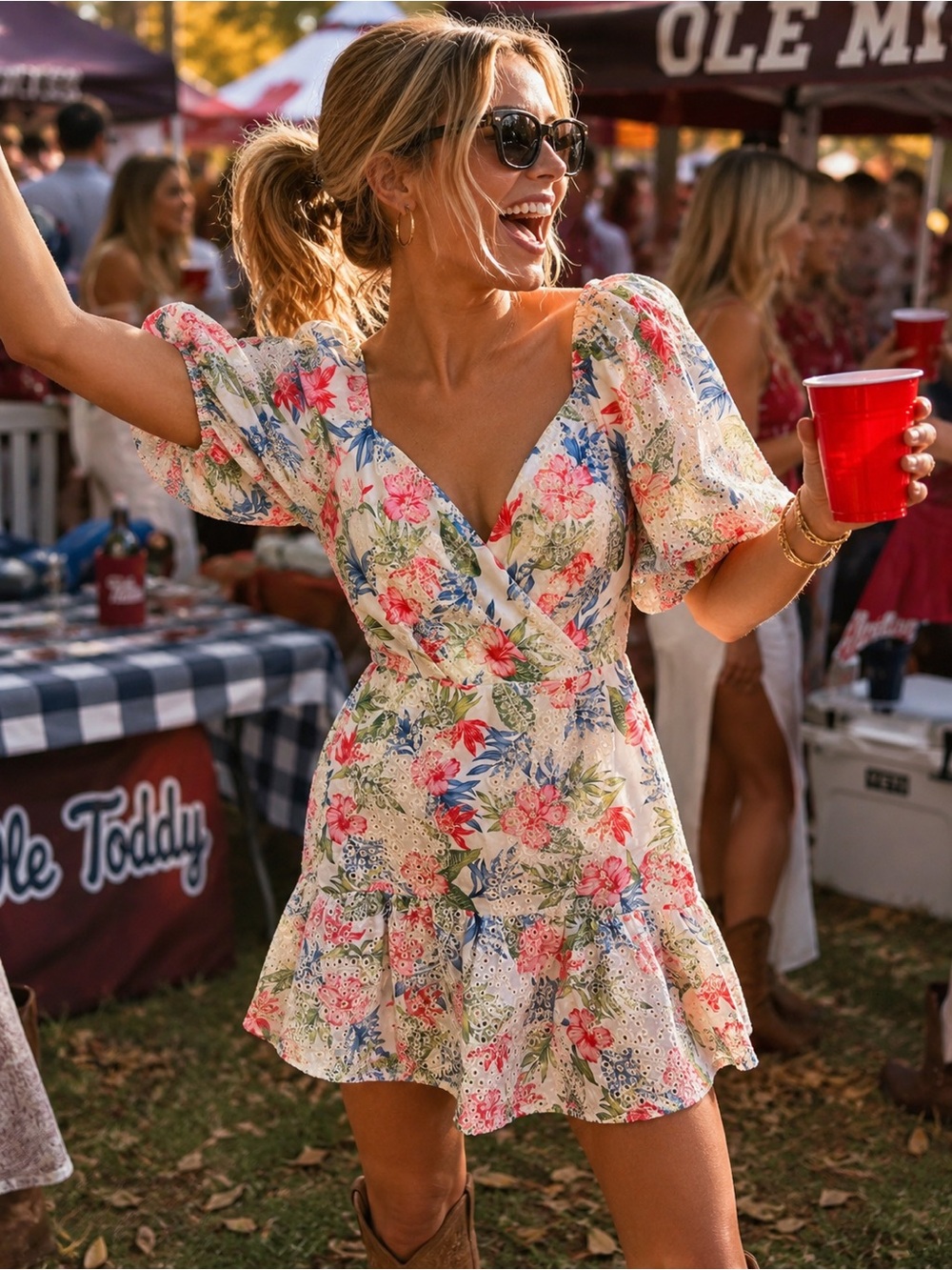 ADELYN RAE Smocked Bohemian Romantic Floral Eyelet Puff Sleeve Mini Dress, M